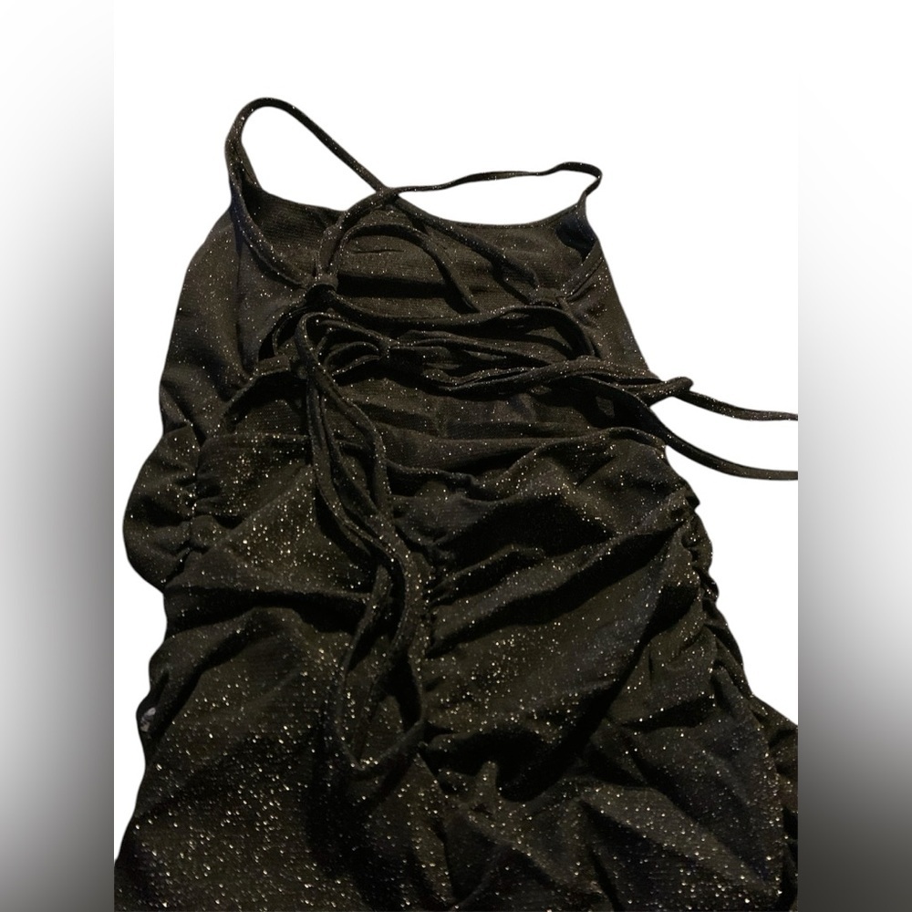 Black small bodycon mini dress with shimmery silver specs open lace up back - Picture 4 of 7